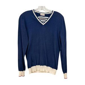 Moncler Long Sleeve Pullover Stripe Insert Logo Sweater Navy White